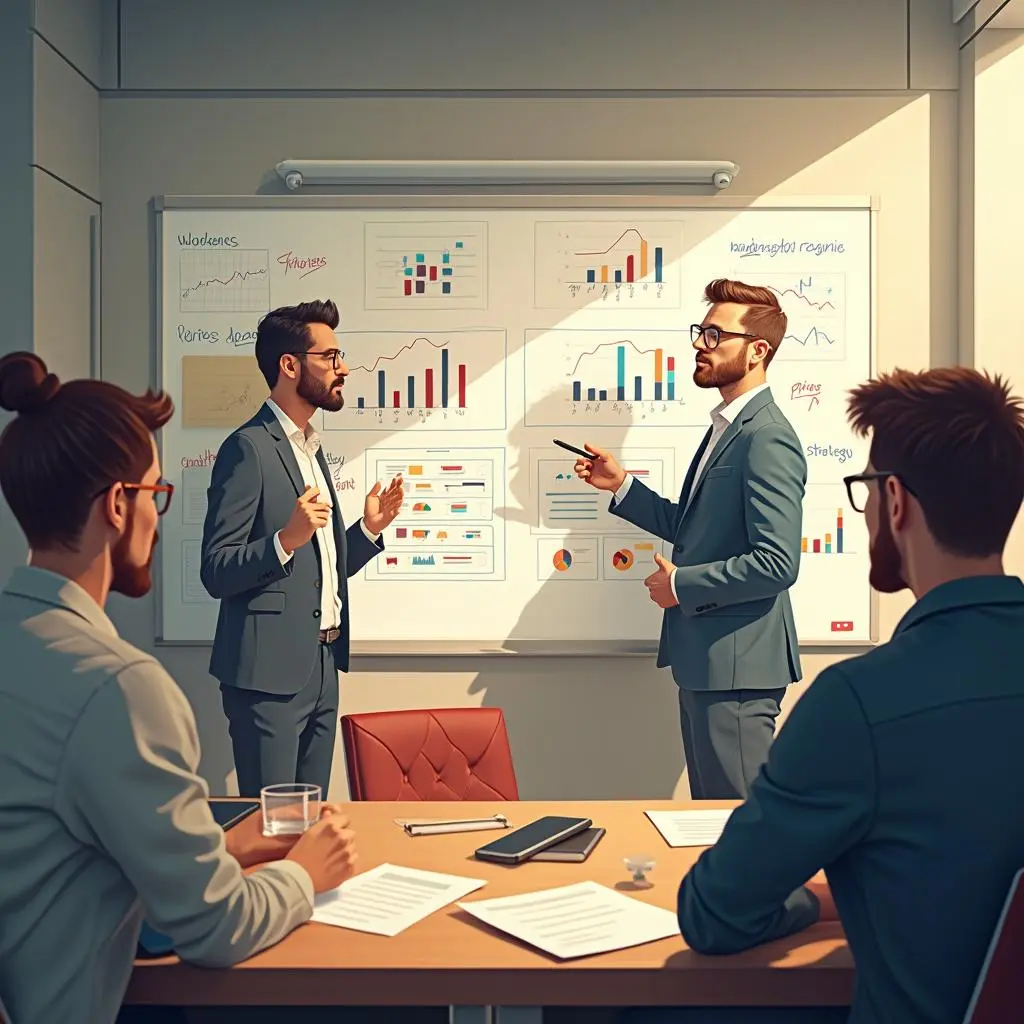 "Equipo de marketing discutiendo estrategias frente a una pizarra llena de gráficos y análisis. Profesionales en sesión de planificación estratégica, definiendo objetivos y estableciendo las tácticas para un plan de marketing medible y bien estructurado." 
