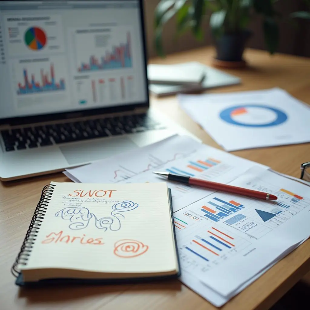 "Cuaderno con análisis SWOT y gráficos de marketing en mesa de trabajo, rodeado de informes de mercado y ordenador portátil con dashboard de métricas. Herramientas para la fase de análisis de situación en la creación de un plan de marketing efectivo." 
