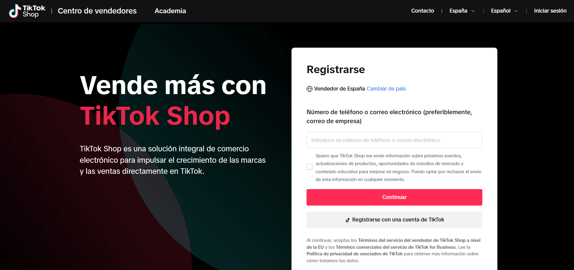 Portal de registro en TikTok Shop